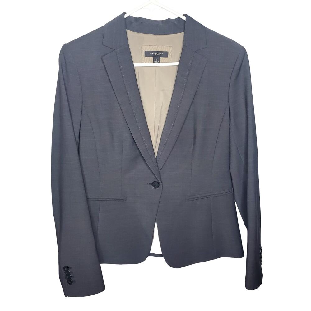 Ann Taylor Blazer Virgin Wool Blend Grey Solid Neutral Notched Women's Size 6